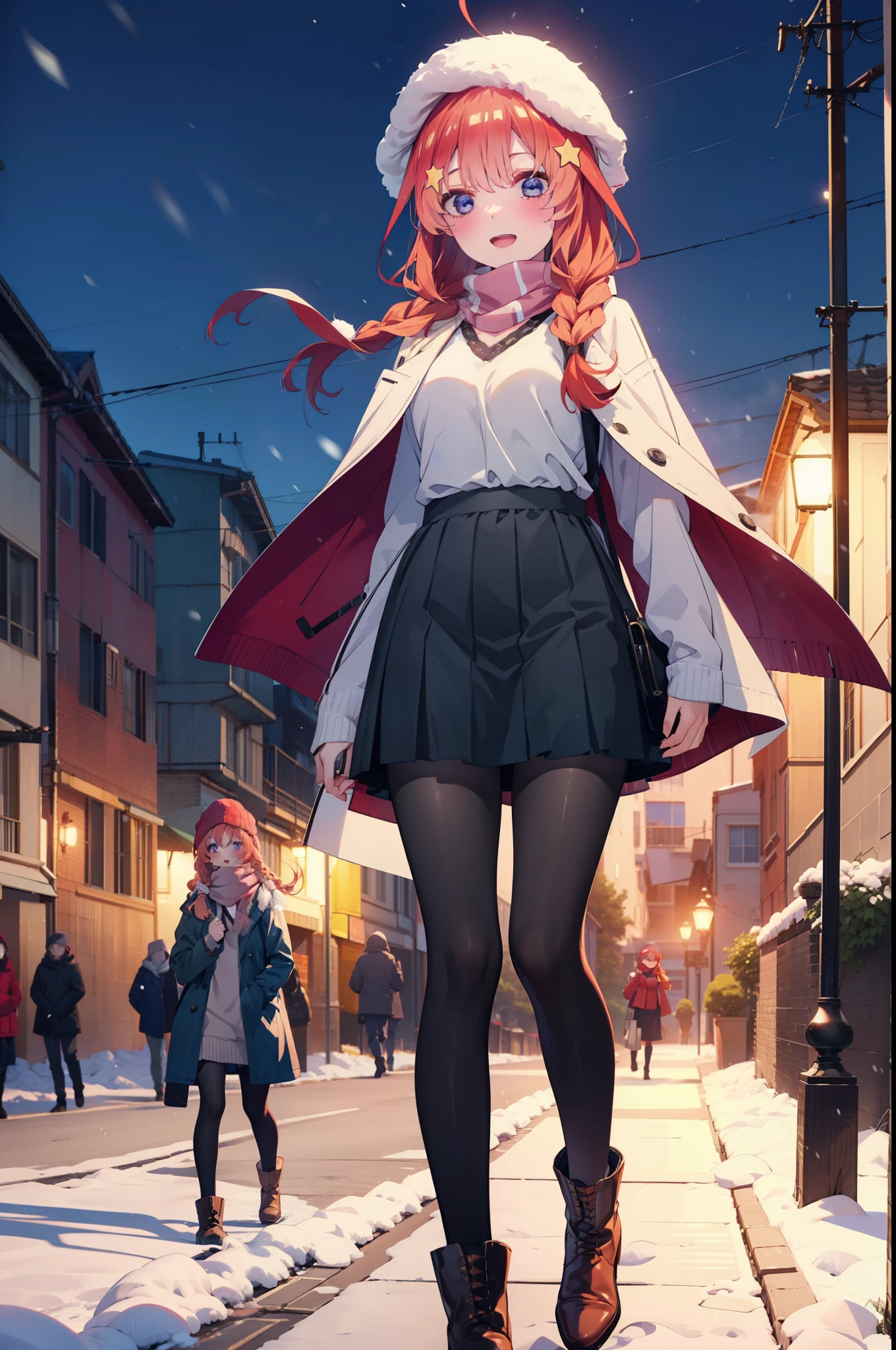 itsukinakano, Itsuki Nakano, bangs, blue eyes, Hair between the eyes, Ahoge, Redhead, star \(symbol\), hair ornaments, star hair ornaments,smile,Open your mouth,White Breath,blush,Long, thick braids,Knitted hat,White scarf,Red long coat,V-neck sweater,Black long skirt,Red pantyhose,short boots,snowが降っている,snowが積もっている,snow,snow,snow,snow,Walking,whole bodyがイラストに入るように,night,
break outdoors,Residential Street,
break looking at viewer, whole body,
break (masterpiece:1.2), Highest quality, High resolution, unity 8k wallpaper, (figure:0.8), (Beautiful attention to detail:1.6), Highly detailed face, Perfect lighting, Highly detailed CG, (Perfect hands, Perfect Anatomy),