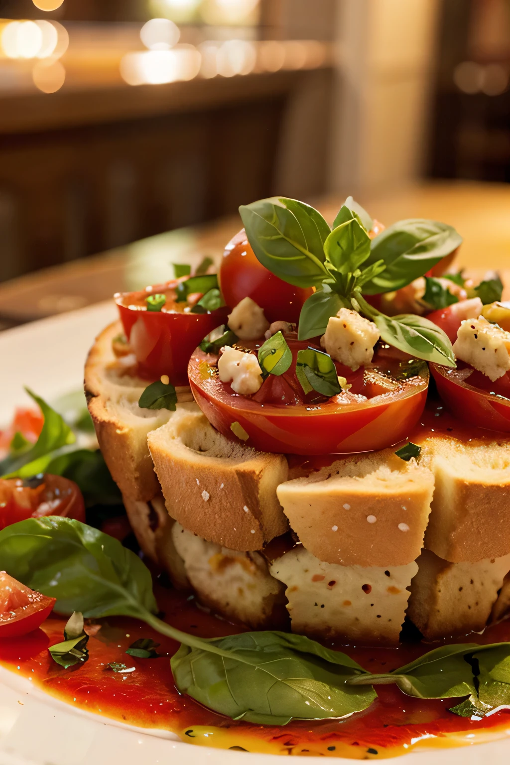 detailed close-up photograph of bruschetta with tomato, impressionist graphic style, restaurant menu food photography, delicious italian cuisine, fresh ingredients, warm lighting, vibrant colors, soft focus, high detail, high resolution