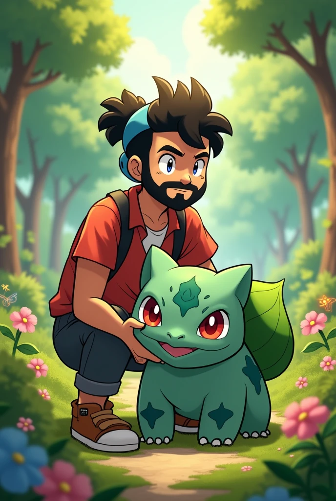 draw a Latin Pokemon trainer with a bun and curly hair, scraped on the side, with beard next to a bulbasaur