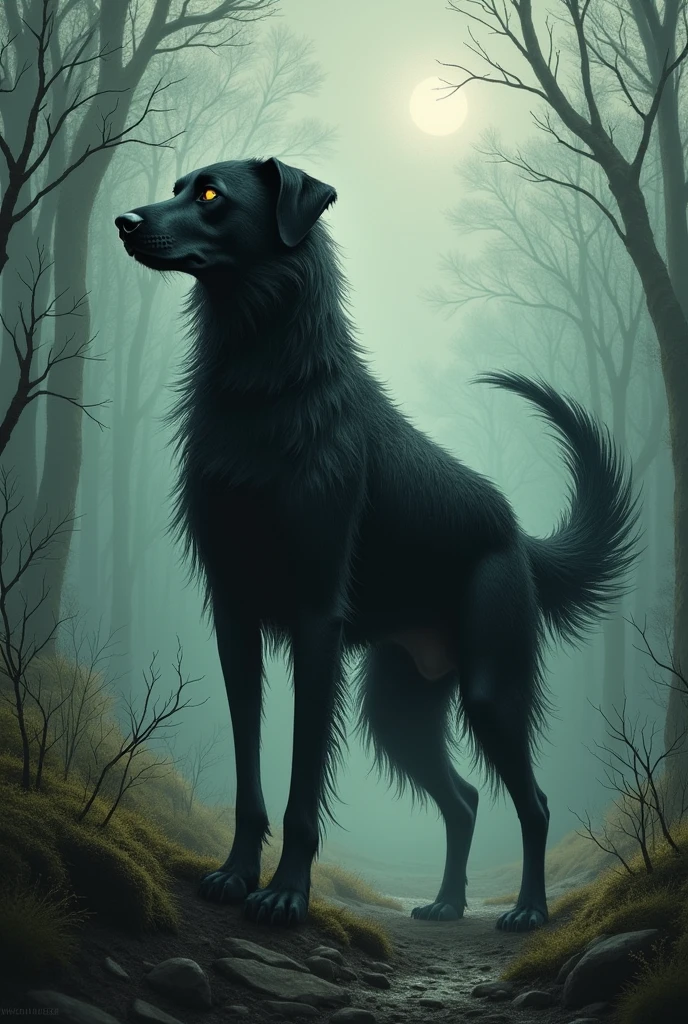 I need a creature with a hair-like form and a long, terrifying tail, this dog must have certain characteristics since it can't see, just listen. I need it drawn and the ovals of the drawing to be visible and for it to be in profile