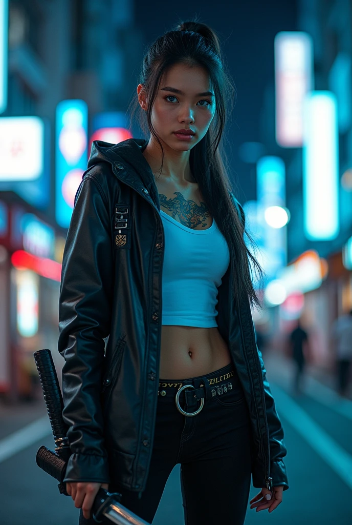 
photo of a striking and mysterious Indonesian female ninja, known as a kunoichi, with fashionable long low ponytail hair and charming blue eyes, her tattoos appear on her toned skin, adorning her muscular arms and she is wearing a black leather hoodie jacket, short white t-shirt bottom, long tight jeans, boots, he confidently held a long, sharp and gleaming sword in one hand, while the other rested nonchalantly on his hip, gaze sharp and intense as if the roiling emotions within his soul were focused right through darkness of night, sweat soaking the whole body in detail and realistic, smiling but deep inside harboring disturbing hatred, background of a Japanese metropolitan city with neon lights, blue light effects penetrating the darkness of night in a quiet city, realistic, cinematic