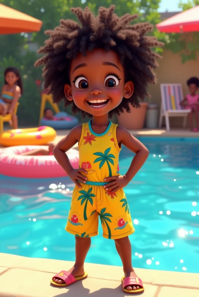 A full-body illustration of a 11-year-old Black child wearing pool party attire, with curly hair that reaches their shoulders, smiling in a Disney Pixar style.