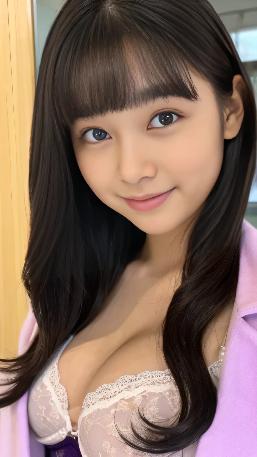 masterpiece, Highest quality,Perfect Face、Ultra-high resolution, (beautiful girl, delicate:1.3), (:1.3), Exceptional clarity, (Symmetrical eyes:1.3), (School staff room), (Long coat:1.3), Shining Eyes , Black Hair,Long Hair、bangs、Petit Girl, (Eye and facial details:1.0)Actual Photos、friendly and charming smile、Purple bra、Big Breasts、Thick lips、(Random Color Bra)