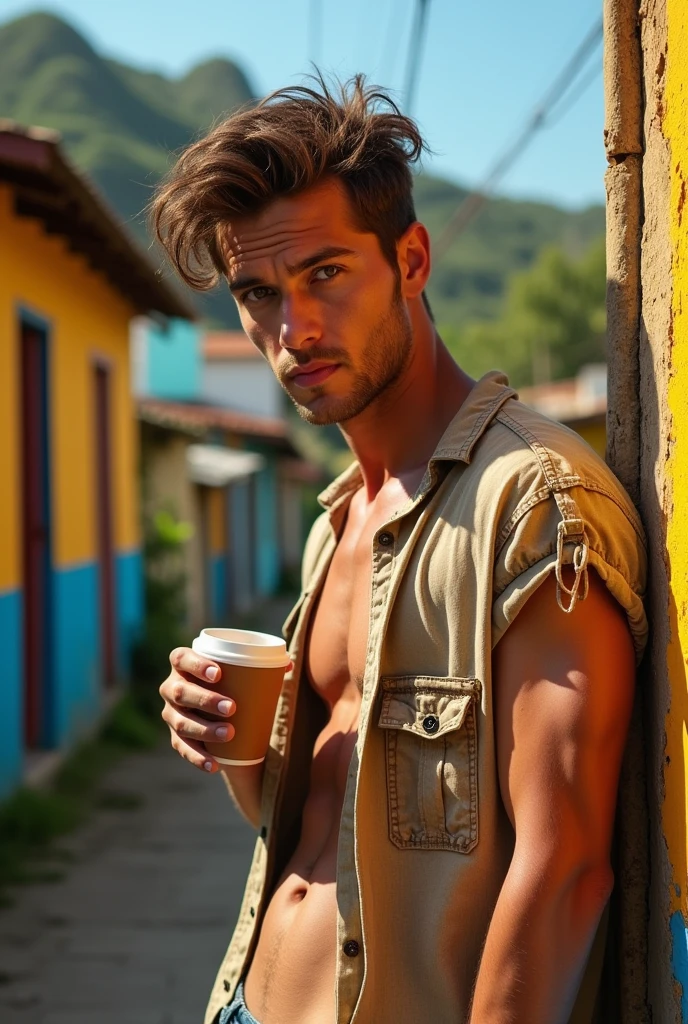 Man, beautiful, attractive face, hazel eyes, perfect jaw and chin, muscular, defined, attractive body , wearing a dirty, torn shirt , rebellious brown hair, sun-burnt , in the Brazilian favela , with houses from Brazil , it's on the gate wall having coffee at the farm, pleasant afternoon 