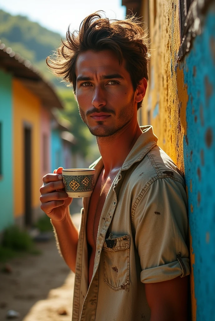 Man, beautiful, attractive face, hazel eyes, perfect jaw and chin, muscular, defined, attractive body , wearing a dirty, torn shirt , rebellious brown hair, sun-burnt , in the Brazilian favela , with houses from Brazil , it's on the gate wall having coffee at the farm, pleasant afternoon
