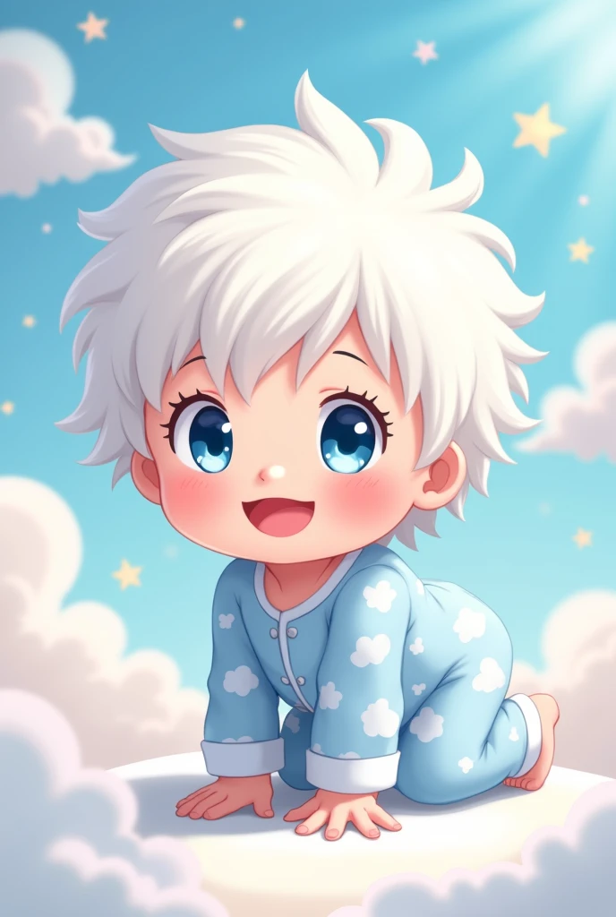 Generate an anime style image of a white-skinned baby with white hair., with blue eyes and wearing a light blue baby suit, looking directly at the observer while crawling