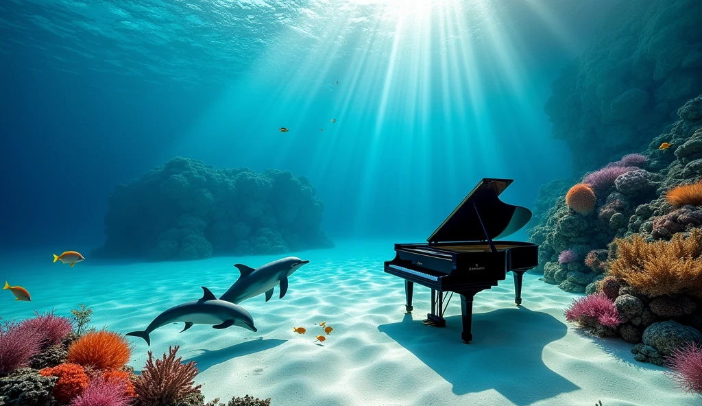 Colorful Coral Reef "A stunning underwater scene featuring a black grand piano resting on a sandy seabed. Several dolphins swim gracefully around the piano. Sunbeams filter through the clear water, creating beautiful patterns on the sand and piano. The overall atmosphere is tranquil and mesmerizing, with the piano standing out against the vibrant blue tones of the ocean. The dolphins are playful and inquisitive, adding a touch of vibrancy to the serene underwater environment. The image is realistic, capturing fine details of the piano, dolphins and underwater light effects." Tropical fish swim gracefully around colorful coral. Change the composition to a top-down view