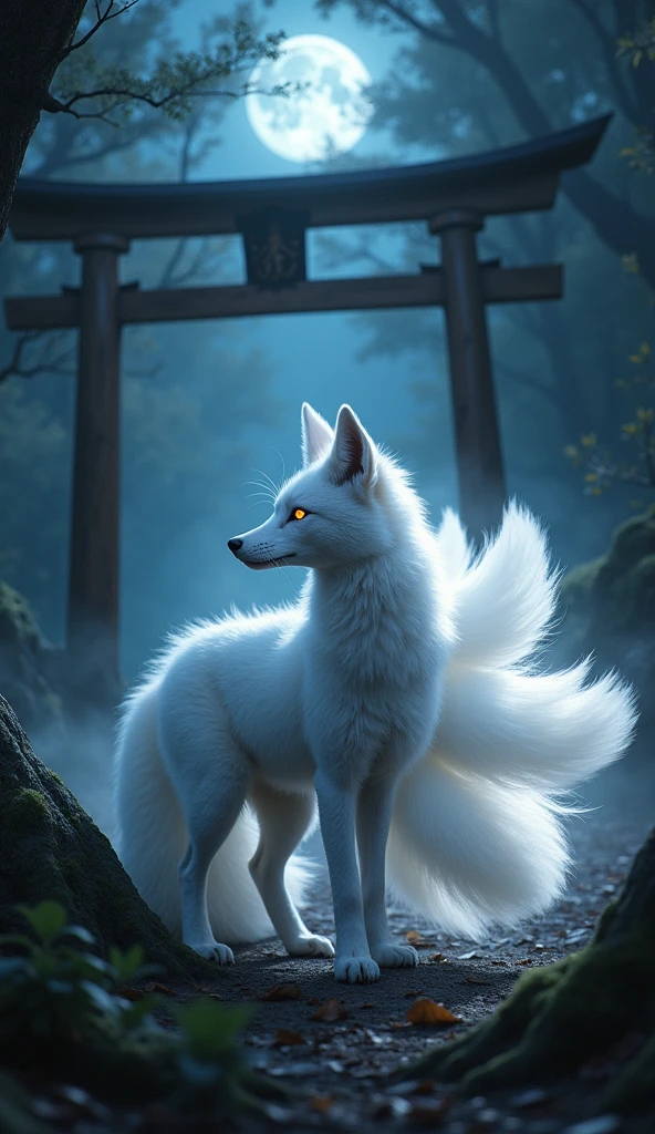 In a dark forest at night, a beautiful nine-tailed fox with nine distinct, glowing white tails is standing. Each of the fox's tails is spread out clearly and illuminated gently by the moonlight. The fox's fur is pure white, and it has sharp, glowing red eyes. In the background, a deep misty forest extends, with an ancient shrine's torii gate visible in the distance. The overall scene emphasizes a mystical and fantastical atmosphere, with particular focus on the nine tails of the fox and their glowing radiance.Cinematic lighting、Ultra-realistic video、4K、8k