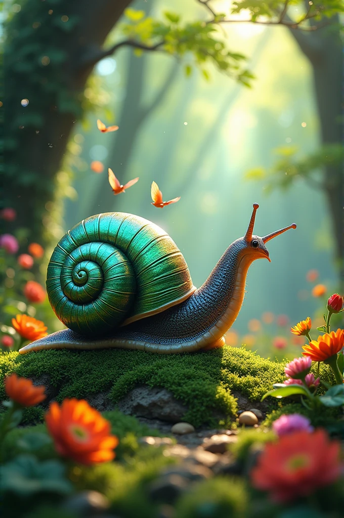 Nature spirit in the form of a snail creates flowers and birds