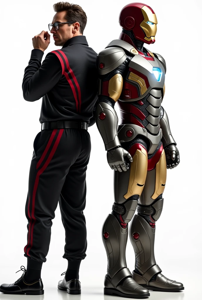 Tony Stark and Iron Man bumping backs, looking at opposite places in profile, action poses, full body.
Drawing with a white background.