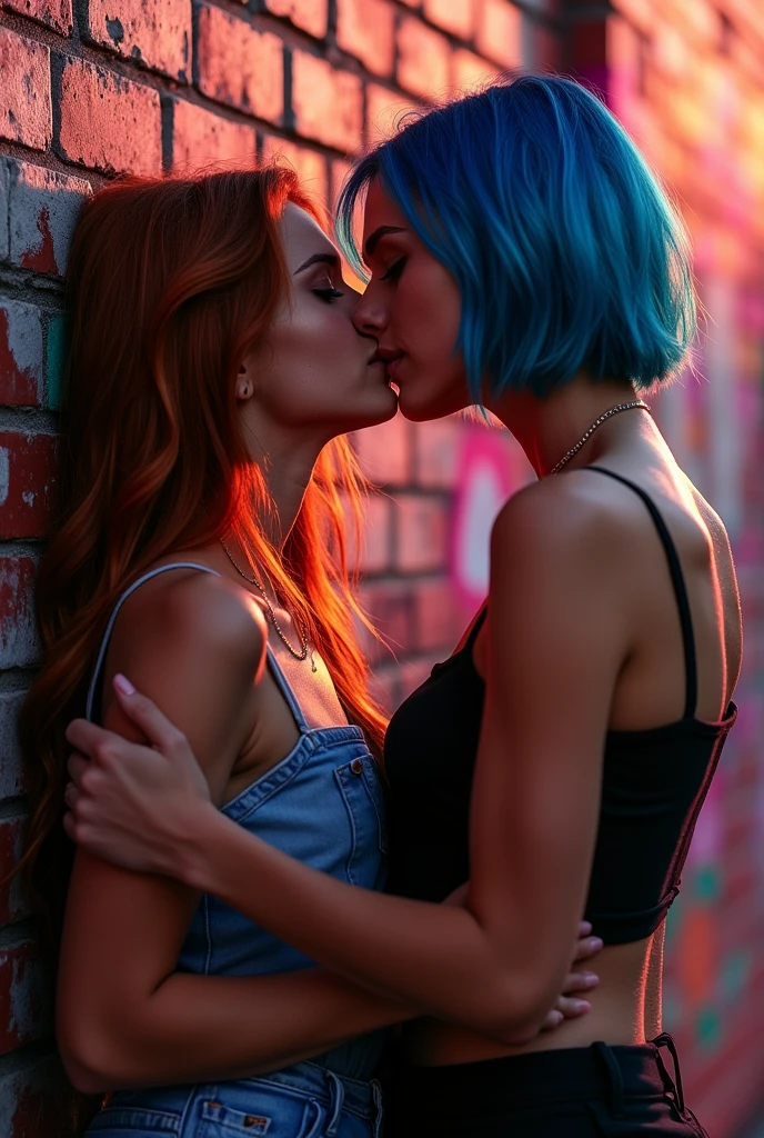 Two girls kissing against the wall in a hot way