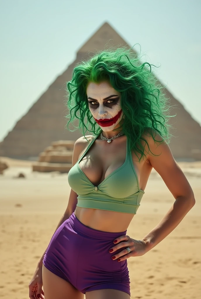 {
"prompt": "A faithful female version of the iconic Joker from DC Comics, reimagined with a seductive yet psychotic allure, wearing sexy, thematic attire while posing at the Pyramids of Giza in Egypt. She has pale white skin and wild, vibrant green hair styled in messy, chaotic curls. Her makeup is heavy and smeared, inspired by Heath Ledger’s Joker, with dark, hollow eyes surrounded by smudged black makeup and a blood-red, twisted smile that extends unevenly beyond the corners of her mouth, creating a chilling yet irresistible grin. She wears a form-fitting, light green crop top with a plunging neckline and a purple high-waisted mini skirt that highlights her toned physique. She completes the look with matching purple high-heeled sandals. She stands confidently in front of the ancient pyramids, with the Sphinx visible nearby, her pose both alluring and provocative. Her hand rests on her hip while the other playfully twirls her green hair, her gaze filled with a mix of madness and seduction. The contrast between her chaotic appearance and the timeless grandeur of the pyramids creates a striking and unforgettable scene.",
"size": "1024x1792"
}