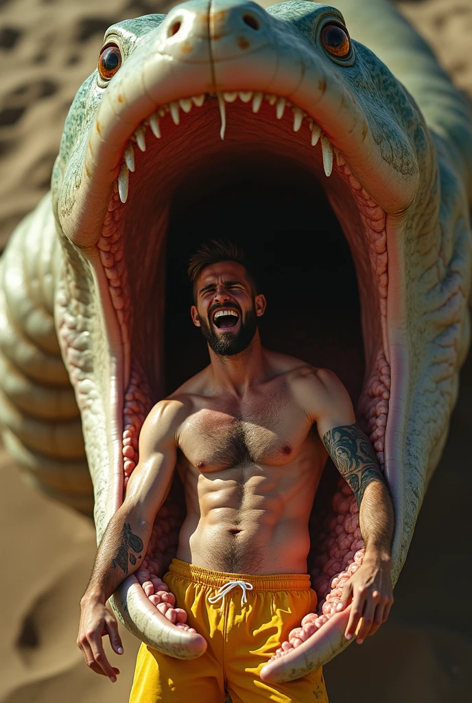 white male 40yo hairy handsome hiker with erect penis being carried by a sand worm and is swallowed by a giant sand worm, he is yelling in pleasure while becoming sexual food to his predator, interspecies, vore, wet, digestion, inside creature, beard, being swallowed, from above, coil, soccer player, underwear, yellow clothes, dilf, excessive cum, mucus, being swallowed, tattoos, bro, he is being engulfed by a mouth, white socks, claws, dirty sweaty socks, sweaty, wet, cum all over body, hairy body, logo socks, tentacles wrapping body, hardcore vore, digestive acids, maw, muscular athletic body, looking at viewer, erect penis, gym background, giant tongue, wet body, saliva, cum on anus, leaking anus, volumetric lighting, maw, reaching out to viewer
