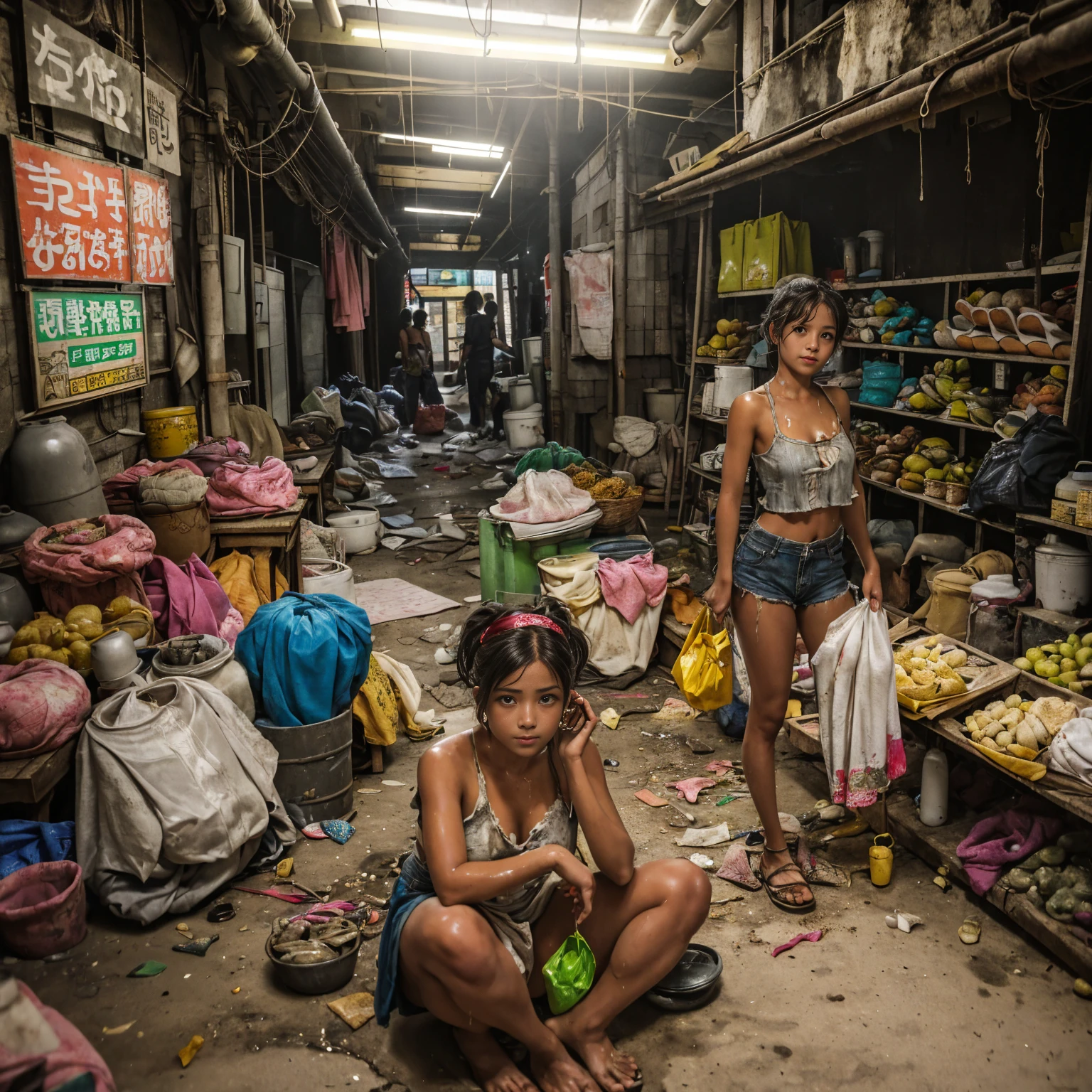 ((masterpiece、Highest quality))、Beautiful girls gather.、Girl in summer clothes、(Detailed and cute face:1.3)、(Poor conditions、Dim and unsanitary、Crumbling underground shopping mall、Showa Retro)、屋台のdiet店、stage、sewage、Dirty shop、street vendors、Unsanitary and abandoned city、smile、diet、Poor person々
