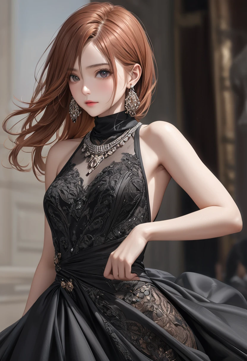 (masterpiece), (best quality medium shot), ultra realism, photorealistic, 1female, 30 year old mature woman, half-up half-down long straight copper-color hair, wearing black Haute_Couture designer dress with sleeve and turtleneck_style, necklace, earrings, small breast, detailed beautiful eyes, detailed gorgeous face, dynamic pose, intricate details,