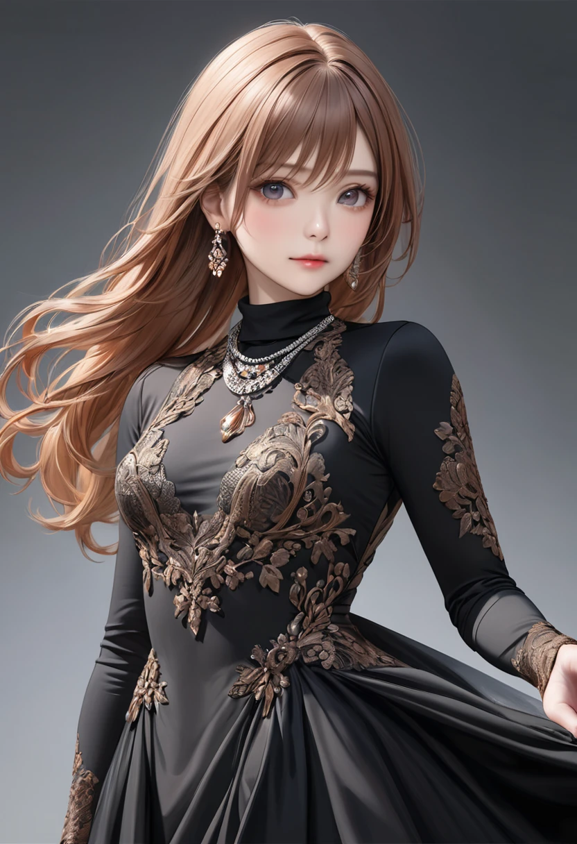 (masterpiece), (best quality medium shot), ultra realism, photorealistic, 1female, 30 year old mature woman, half-up half-down long straight copper-color hair, wearing black Haute_Couture designer dress with sleeve and turtleneck_style, necklace, earrings, small breast, detailed beautiful eyes, detailed gorgeous face, dynamic pose, intricate details,
