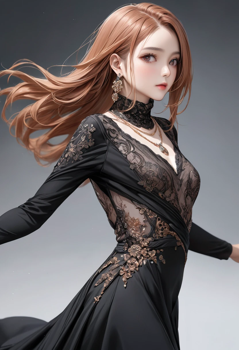 (masterpiece), (best quality medium shot), ultra realism, photorealistic, 1female, 30 year old mature woman, half-up half-down long straight copper-color hair, wearing black Haute_Couture designer dress with sleeve and turtleneck_style, necklace, earrings, small breast, detailed beautiful eyes, detailed gorgeous face, dynamic pose, intricate details,
