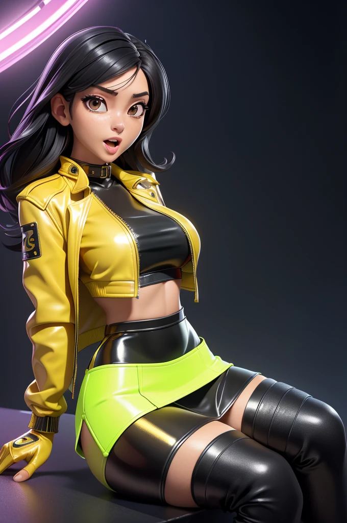 obra prima, melhor qualidade, ((only two women,)) ((kpop idol, straight black hair, mouth open wide, ecstasy expression,)) erect cone tits, ((wearing glassy gold leather biker moto jacket,)) ((jacket has padded shoulders, jacket has stiff high collar,)) (((wearing slick neon gold crumpled leather miniskirt, pussy visible,))) wearing louboutin heels, body is very skinny, ((sitting back, legs spread, mashing tits,)) ((camera front view of body,)) shallow depth of field, highres, HD, 8k, anatomically correct