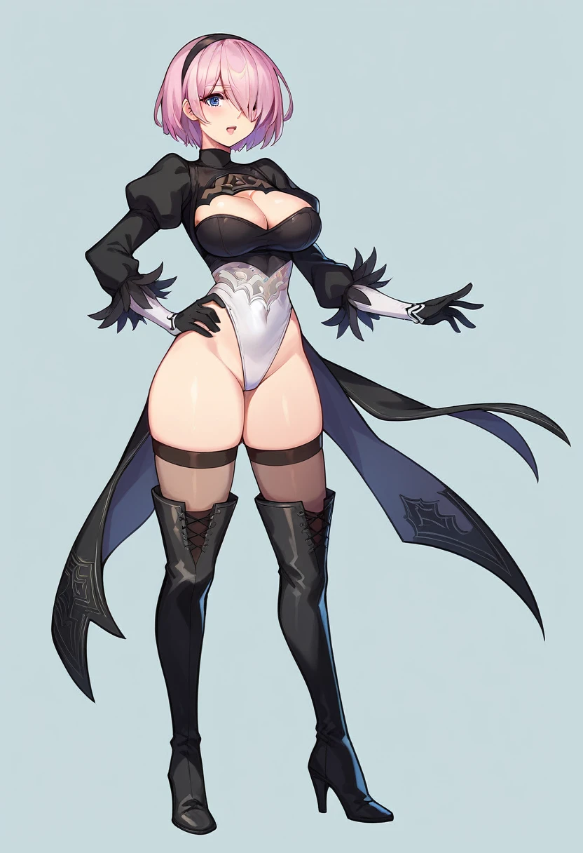 yorha no. 2 type b, mash kyrielight, 1girl, solo, breasts, looking at viewer, short hair, open mouth, large breasts, simple background, thighhighs, long sleeves, cleavage, purple eyes, full body, pink hair, hairband, boots, puffy sleeves, black footwear, hair over one eye, high heels, leotard, hand on hip, cosplay, clothing cutout, thigh boots, highleg, cleavage cutout, black hairband, juliet sleeves, light purple hair, highleg leotard