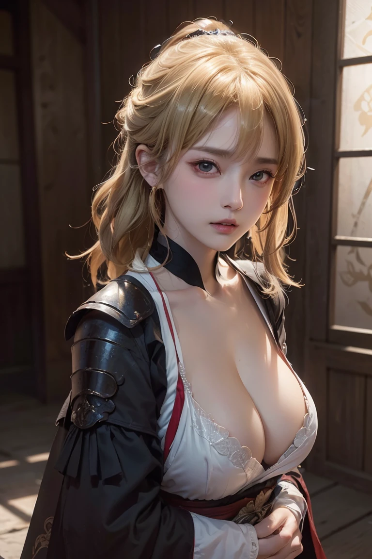 (masterpiece:1.3, Highest quality, Ultra-high resolution, Very detailed), (Realistic, photoRealistic:1.4), Perfect lighting, colorful, Written boundary depth, Browsing Caution, Surrealism,Beautiful detailsまでこだわった髪, Beautifully detailed face, Beautiful details, Perfect Face, Perfect Anatomy, Long necked supermodel,((Skinny 1.3)),Looking into the camera,(Perfect Anatomy),((beautiful girl:1.1)),(( Large Breasts: 1.3 )),(Medium Hair:1.2, Wavy Hair:1.2, Blonde Hair) ,Dainty facial structure、Vampire Girl、Sengoku period、battlefield、battle、Female Samurai、Maid、armor、Battle attire、Japanese sword、Sword in both hands