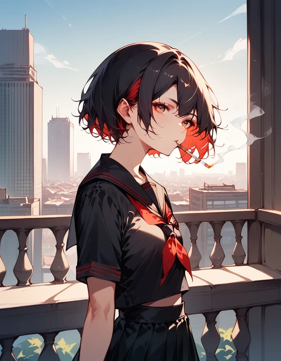 score_9, score_8_up, score_7_up, masterpiece, ultra-detailed, pretty eyes, sendou ayumu, Black hair, red inner hair, Black serafuku, Balcony, smoking, mouth Hold, 1 cigarette, Skyscraper rooftop