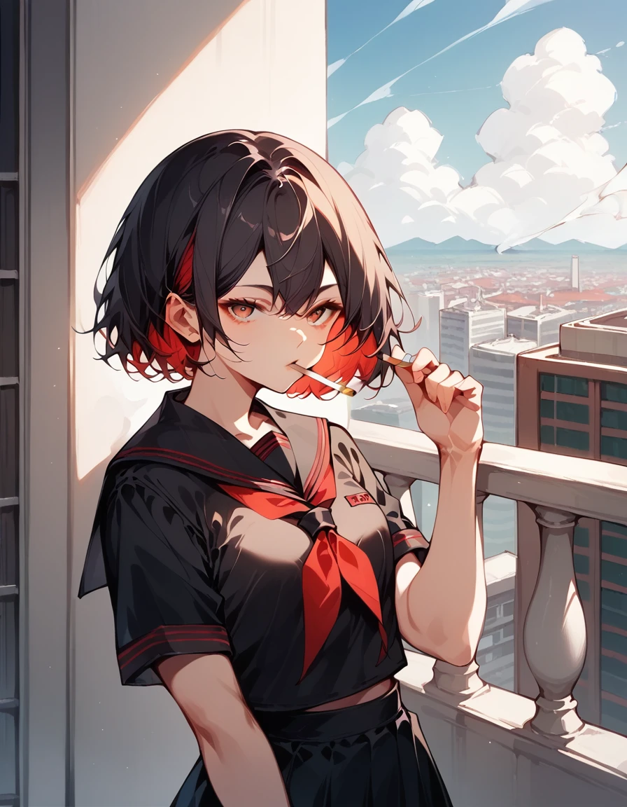 score_9, score_8_up, score_7_up, masterpiece, ultra-detailed, pretty eyes, sendou ayumu, Black hair, red inner hair, Black serafuku, Balcony, smoking, mouth Hold, 1 cigarette, Skyscraper rooftop