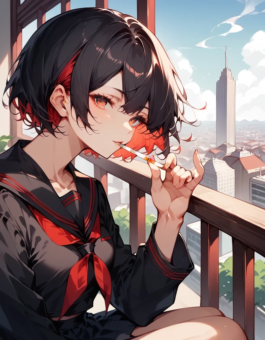 score_9, score_8_up, score_7_up, masterpiece, ultra-detailed, pretty eyes, sendou ayumu, Black hair, red inner hair, Black serafuku, Balcony, smoking, mouth Hold, 1 cigarette, Skyscraper rooftop