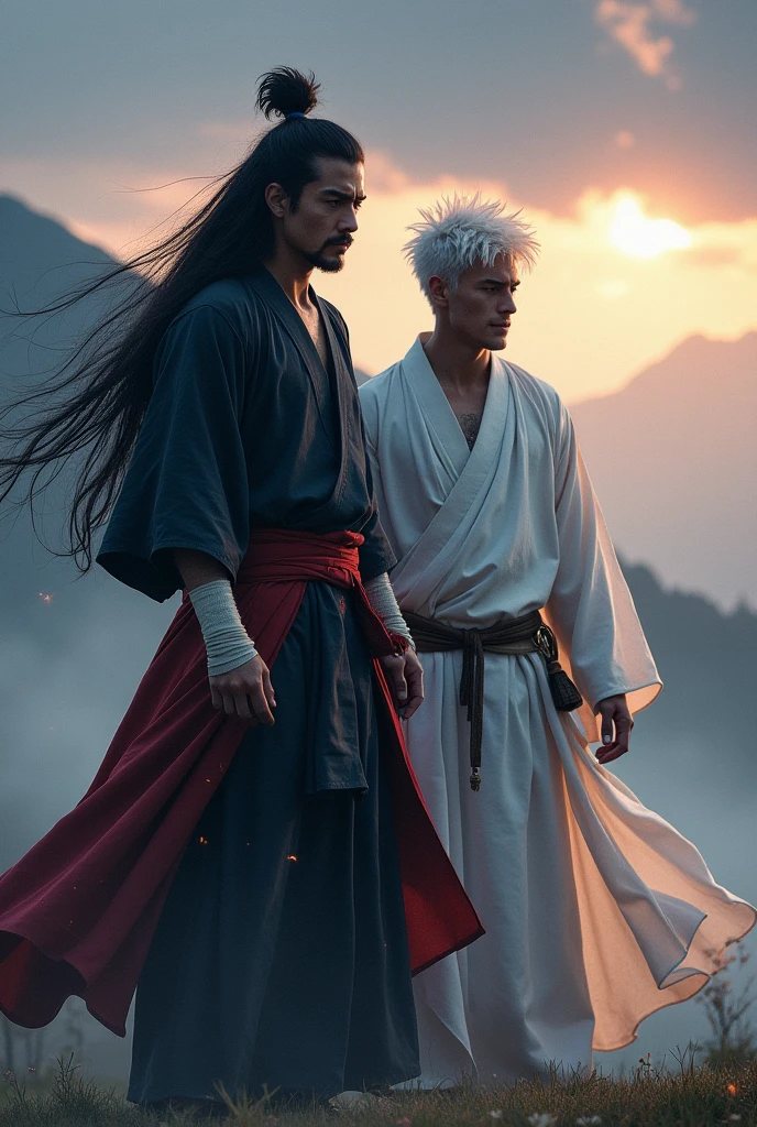 Make a tall man with long black samurai style hair, He should wear a tunic with a red belt and bandages on his hands., Next to him, draw a man with short, messy white hair, wearing a white robe, who has elemental powers. 