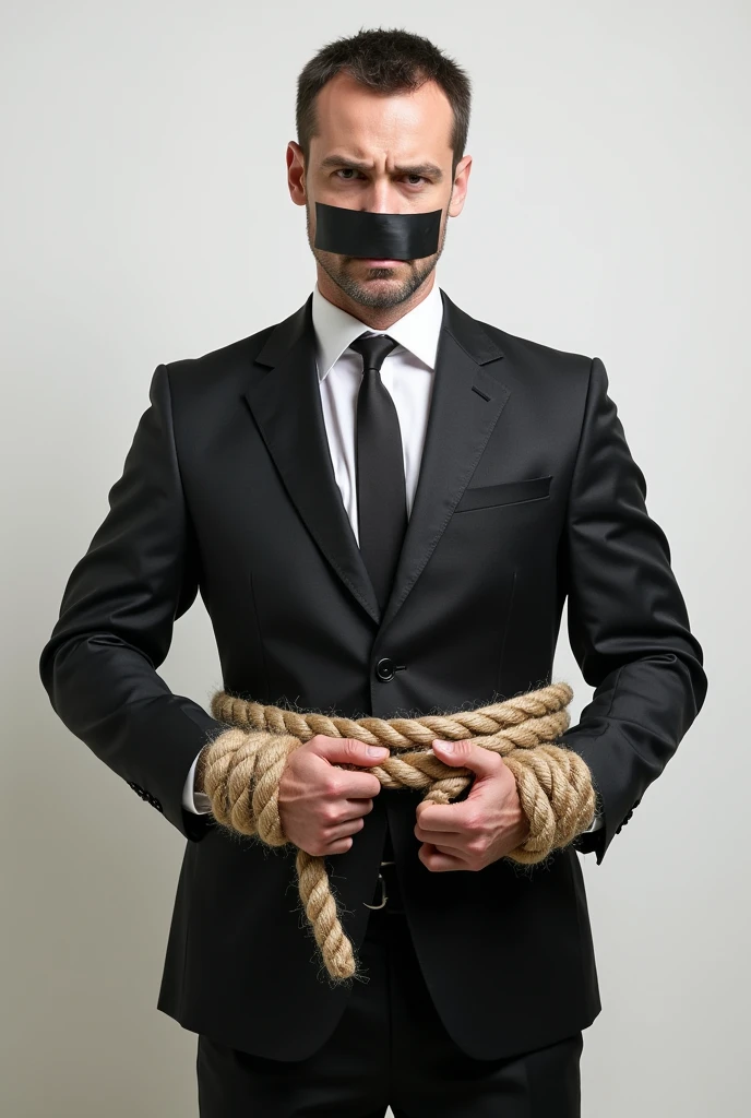 A man in an executive suit, annoyed, with his mouth covered with tape, his hands tied, gesturing negativity with a rope, indicating a lack of freedom against a plain background.
