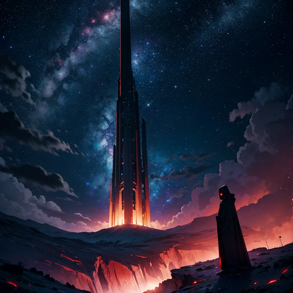 mysterious, hooded cosmic figure, standing in the depths of space with a celestial background of stars and galaxies. The figure's face is an infinite void filled with stars, representing the universe itself. It holds a glowing, mystical orb in its hands, symbolizing the power and mystery of the cosmos. The scene is bathed in dark, otherworldly colors with hints of red and white light, creating a sense of awe and reverence. The surrounding environment includes towering structures, possibly alien or ancient, and the overall atmosphere evokes the presence of a powerful observer of the universe.