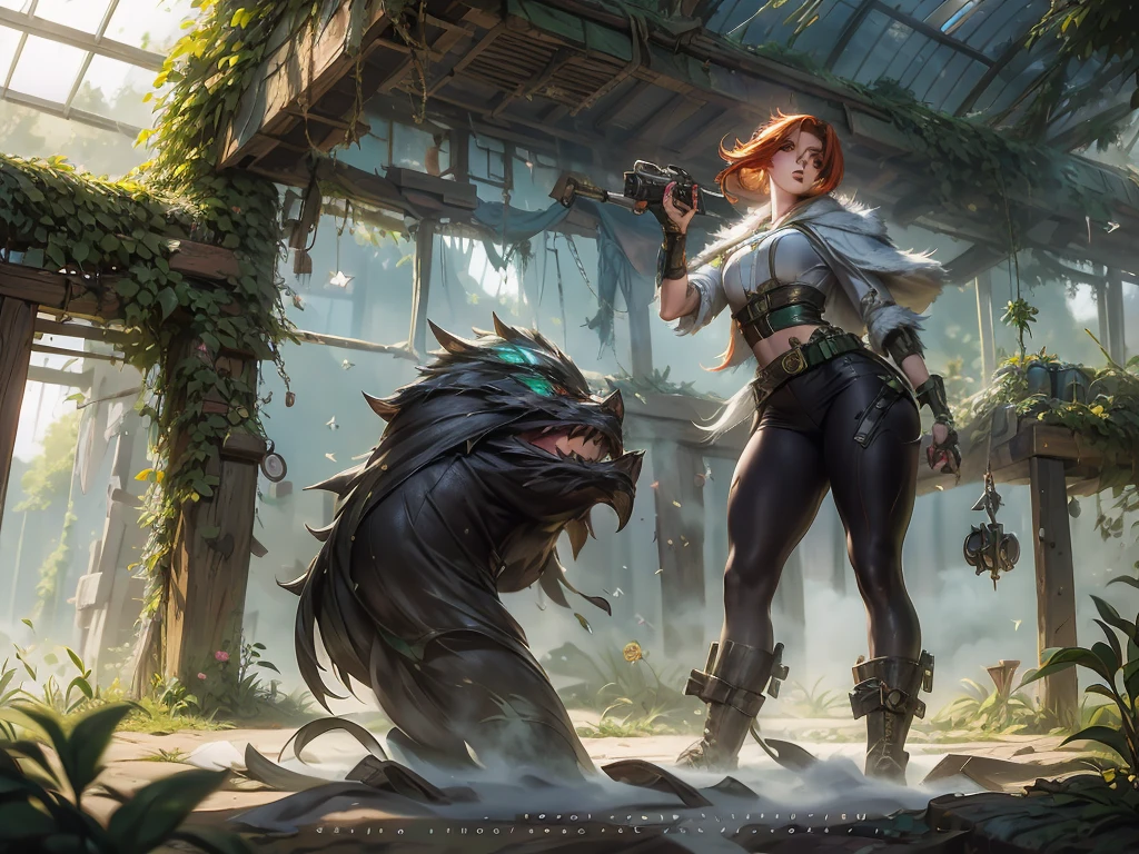 (semirealistic: 0.7)(quasarcake:0.7) Concept art of a young redhead girl wearing shabby Scout Gear, Binoculars, hooded cloak, lightweight boots, leggings, utility belt. fringe hair, in a post-apocalyptic neglected greenhouse, shattered glass, overgrown plants, rusted tools, pale moonlight shining, detailed, intricate