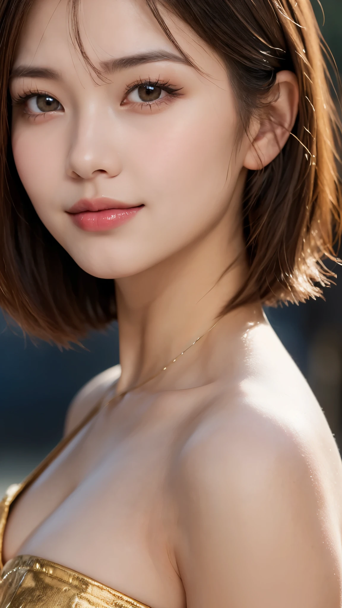 (photorealistic, 32k, RAW photo, best quality: 1.5), (masterpiece:1.3), (absurdres, attractive, ultra high resolution, ultra realistic, highly detailed, golden ratio, ultra detailed, super fucking beautiful detailed face), natural makeup, detailed cloth texture, detailed hair texture, beautiful detailed fullbody, Perfect female body, accurate, Anatomically correct, Highly detailed face and skin texture, (beautiful hands), (realistic skin), (beautiful pale skin:1.1), (Perfect dynamic composition, looking at viewer:1.3), (upper body shot:1.3), ((Goddess Costume:1.3)),
BREAK,
realistic eyes, beautiful detailed eyes, symmetric eyes, Light Brown eyes, Double eyelids, Thin eyebrows, (Glossy lips:1.4), ((A face with waiting for a kiss, Shy Smile:1.2)), (blush:1.1),
BREAK,
((short hair, bob, Dark blonde hair, bangs:1.2))