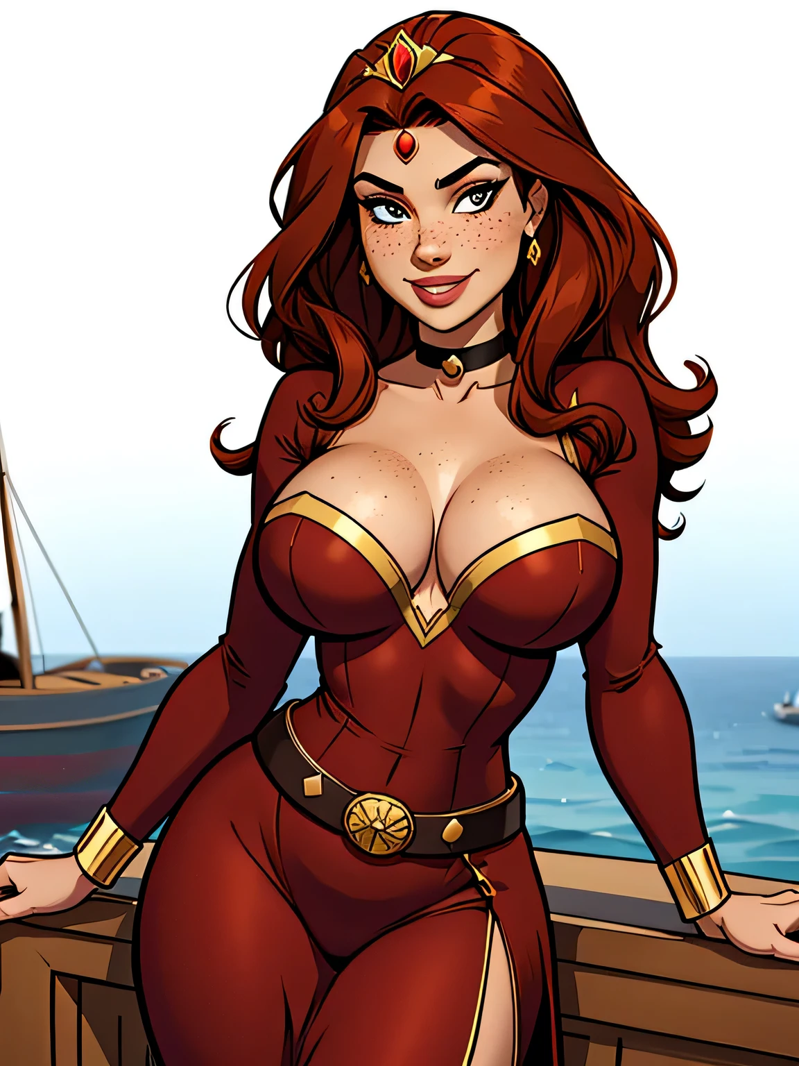 Thin woman, age 25, 4K (High definition), mysterious smile, seducing gaze, eyes browns, wearing a tiara and a royal dress (dark red and gold edges) with a boat neckline and long sleeves, choker on the neck, brown belt, Caucasian skin, long curly red hair, standing (upper body), full of curves with freckles across her chest and neck, big natural round breasts. Marvel style high quality, white background.