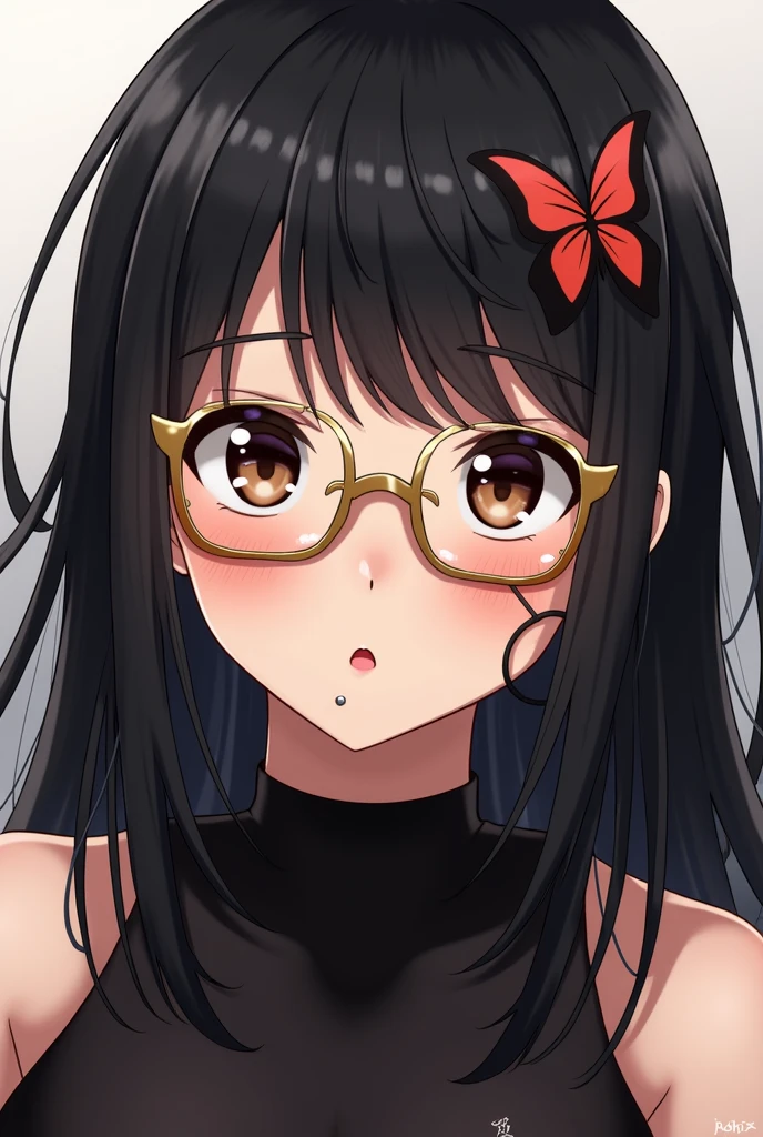 make an anime character with black hair, eyes browns, long hair with butterfly bangs, wearing gold and red square glasses, with a black second skin shirt and piercings in the lower lip and one in the septum.

