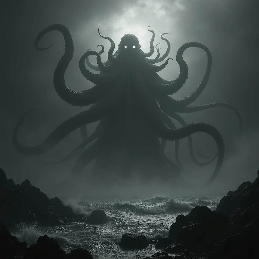 cthulhu lovecraft ,cthulhu, lovecraft ,Work by HP Lovecraft , dark ocean, ghostly harbour Terror, haze, haze, fear ,frightful , dramatic lighting , cinematic lighthing, master part,best qualityer, hyper realist, highy detailed, black and white, square logo