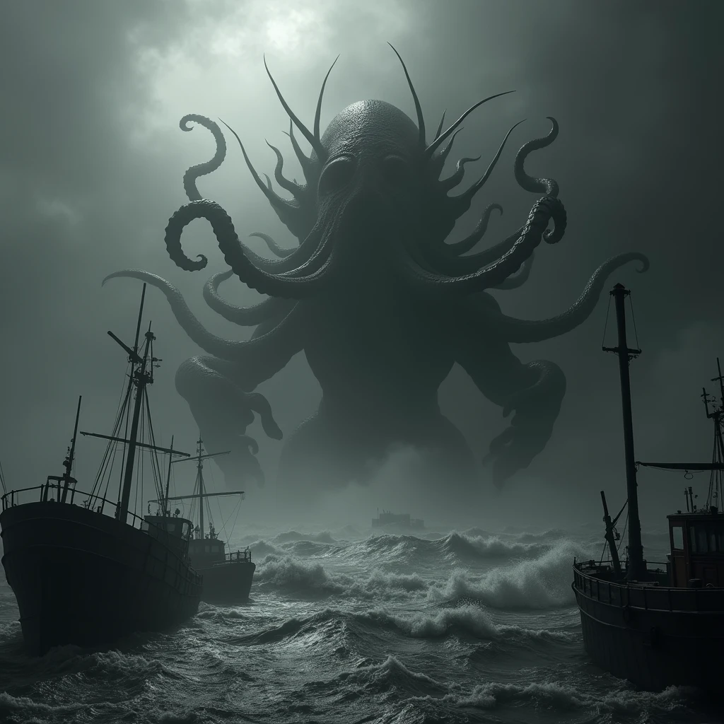 cthulhu lovecraft ,cthulhu, lovecraft ,Work by HP Lovecraft , dark ocean, ghostly harbour Terror, haze, haze, fear ,frightful , dramatic lighting , cinematic lighthing, master part,best qualityer, hyper realist, highy detailed, black and white, square logo