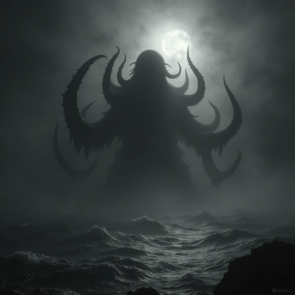 cthulhu lovecraft ,cthulhu, lovecraft ,Work by HP Lovecraft , dark ocean, ghostly harbour Terror, haze, haze, fear ,frightful , dramatic lighting , cinematic lighthing, master part,best qualityer, hyper realist, highy detailed, black and white, square logo 