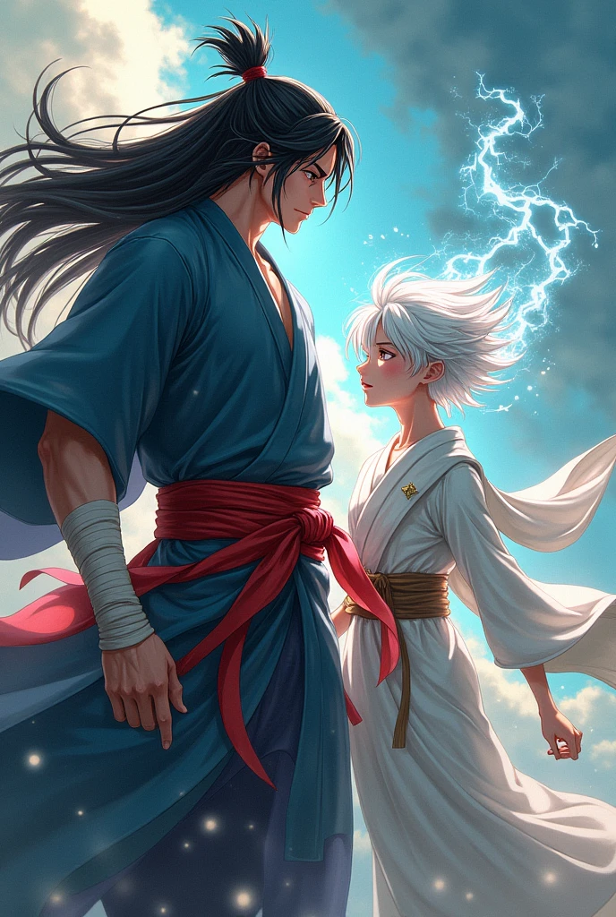 Make a tall man with long black samurai style hair, He should wear a tunic with a red belt and bandages on his hands., and winged make a man with short, messy white hair with elemental powers with a white anime-style robe