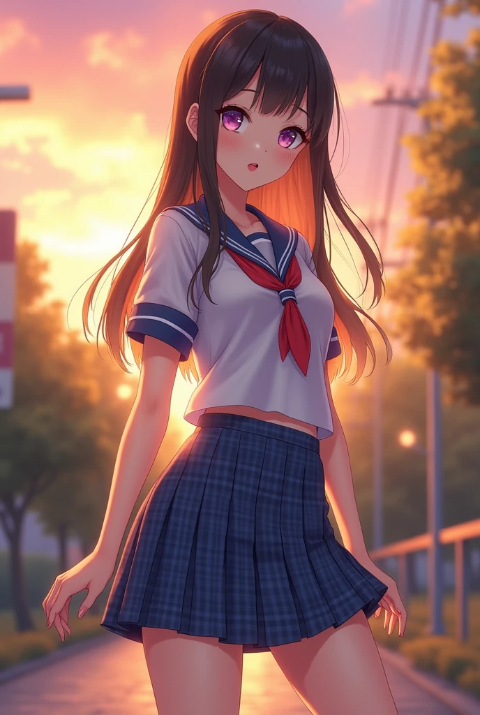 (highest quality:1.4), (hyper quality), (Super detailedな), 1 beautiful girl, So cute, wonderful face and eyes, (school uniform, Blue checked pleated micro mini skirt:1.5), (Beautiful and incredibly big breasts:1.3), (slender body:1.1), (thin legs), (Very thin waist), belly button, realistic skin texture, bangs:1.3, bright and glossy lips, Beautiful goddess descends, beautiful background, golden ratio, conceptual art, Super detailed, Accurate, advanced details, outdoors, sexy art, surrounded by a beautiful sunset, bright light, Super delicate illustration details, 8K wallpaper that integrates high-definition CG, RAW photo, professional photos, cinematic lighting, written boundary depth, (No bra in uniform:1.2), (You can see the shape of the nipple protrusions through the uniform.:1.2), (The nipple protrusions push up the uniform), (Her big breasts make her uniform stretch out:1.2), cropped tops, (High heels on bare feet)