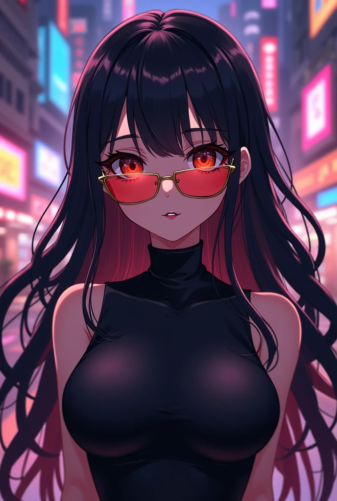 make an anime character with black hair, medium length hair with butterfly bangs, wearing gold and red square glasses, wearing a black second-skin shirt
