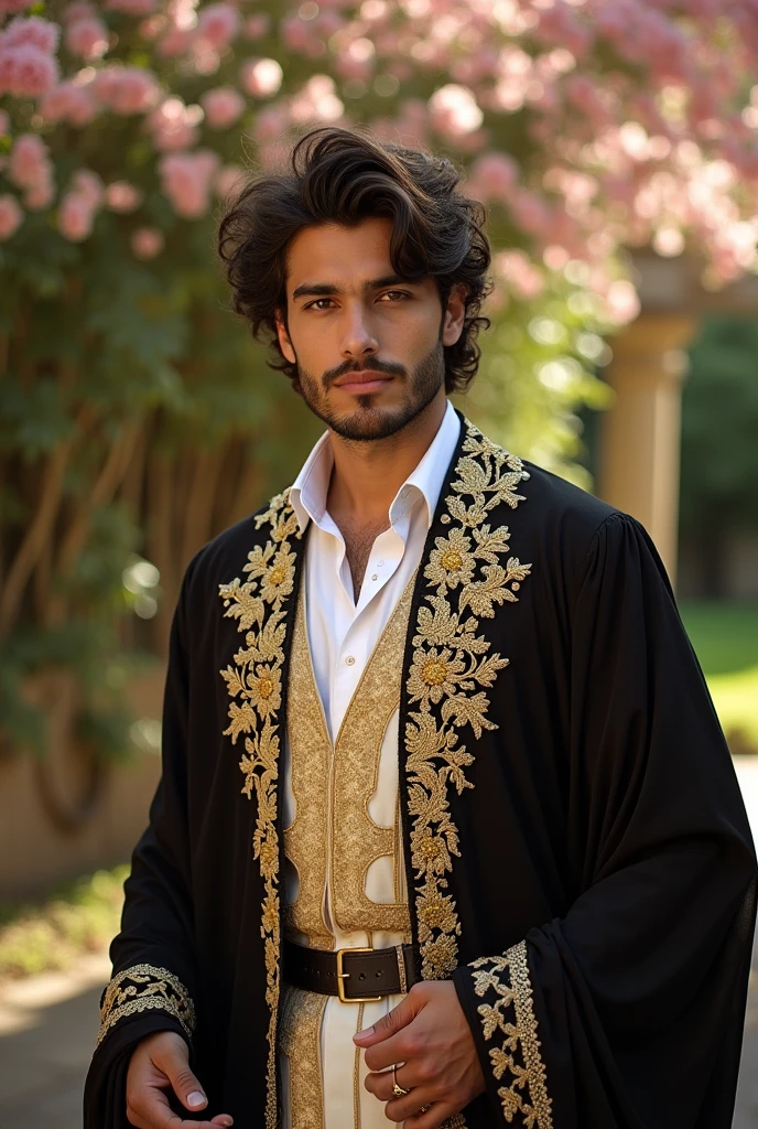 Le plus bel homme arabe avec ses cheveux bouclés dans les habits classe d’or et de sois et un décors agréable.