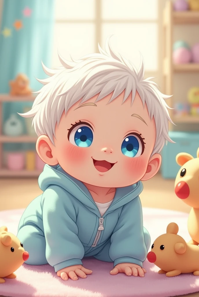 Generate an anime style image of a white-skinned  with white hair., with blue eyes and wearing a light blue baby suit, looking directly at the observer while crawling