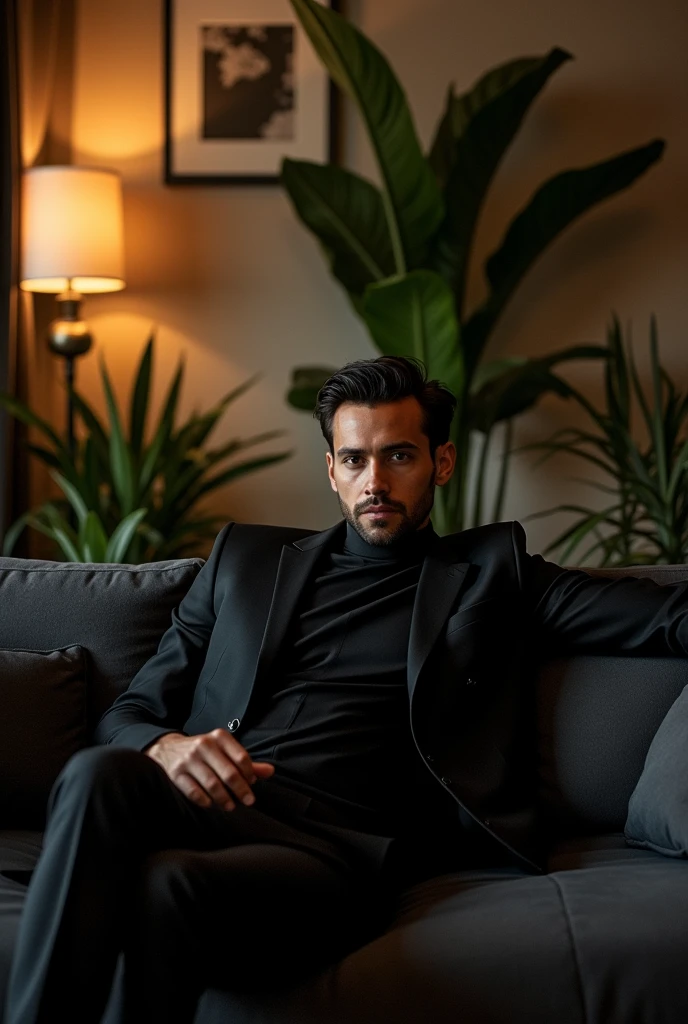man, dressed in black, sitting on sofa
