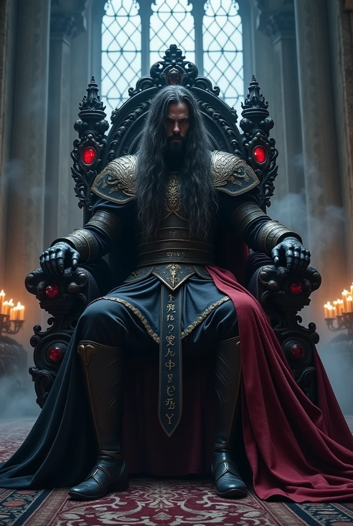 Dark king sitting on a throne with hair 