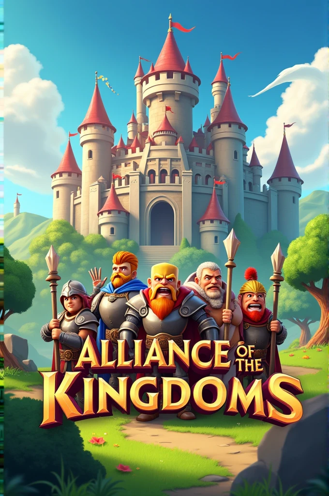 Clash of Clans Style Characters , a castle in the background , written in the central part of the image : Alliance of the 6 kingdoms