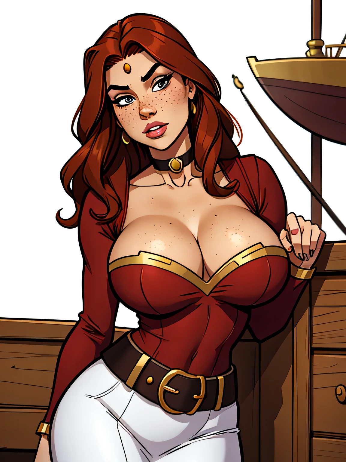 Thin woman, age 25, 4K (High definition), thoughtful, seducing gaze, eyes browns, wearing a tiara and a royal dress (dark red) with a boat neckline and long sleeves, choker on the neck, brown belt, Caucasian skin, long curly red hair, standing (upper body), full of curves with freckles across her chest and neck, big natural round breasts. Marvel style high quality, white background.