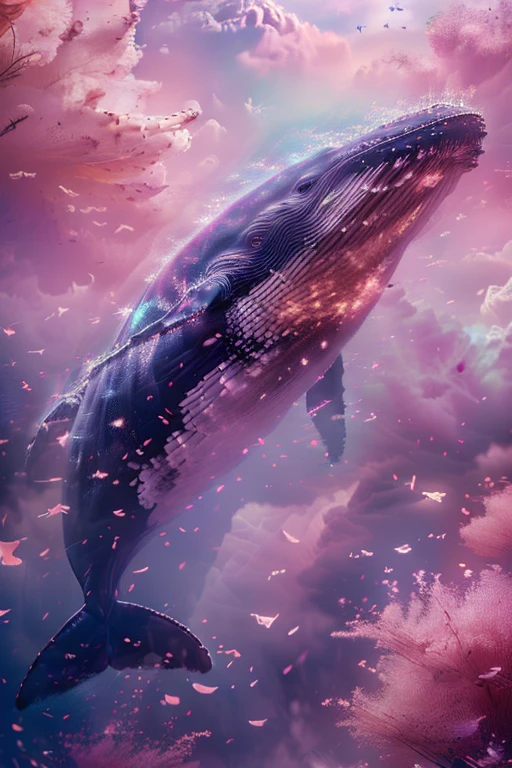 There is a whale flying in the air+, 4k highly detailed digital art, Surreal 3D illustration, Super real、Highly detailed 8K, 3D rendering of beeple, 4k HD wallpaper very detailed, Beautiful digital art work, 8K high-quality detailed art, Movie Honeycomb, 8K highly detailed art