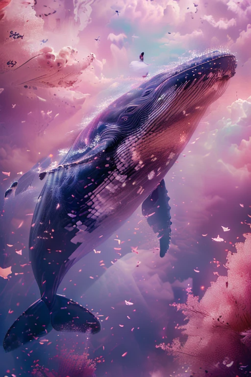 There is a whale flying in the air+, 4k highly detailed digital art, Surreal 3D illustration, Super real、Highly detailed 8K, 3D rendering of beeple, 4k HD wallpaper very detailed, Beautiful digital art work, 8K high-quality detailed art, Movie Honeycomb, 8K highly detailed art