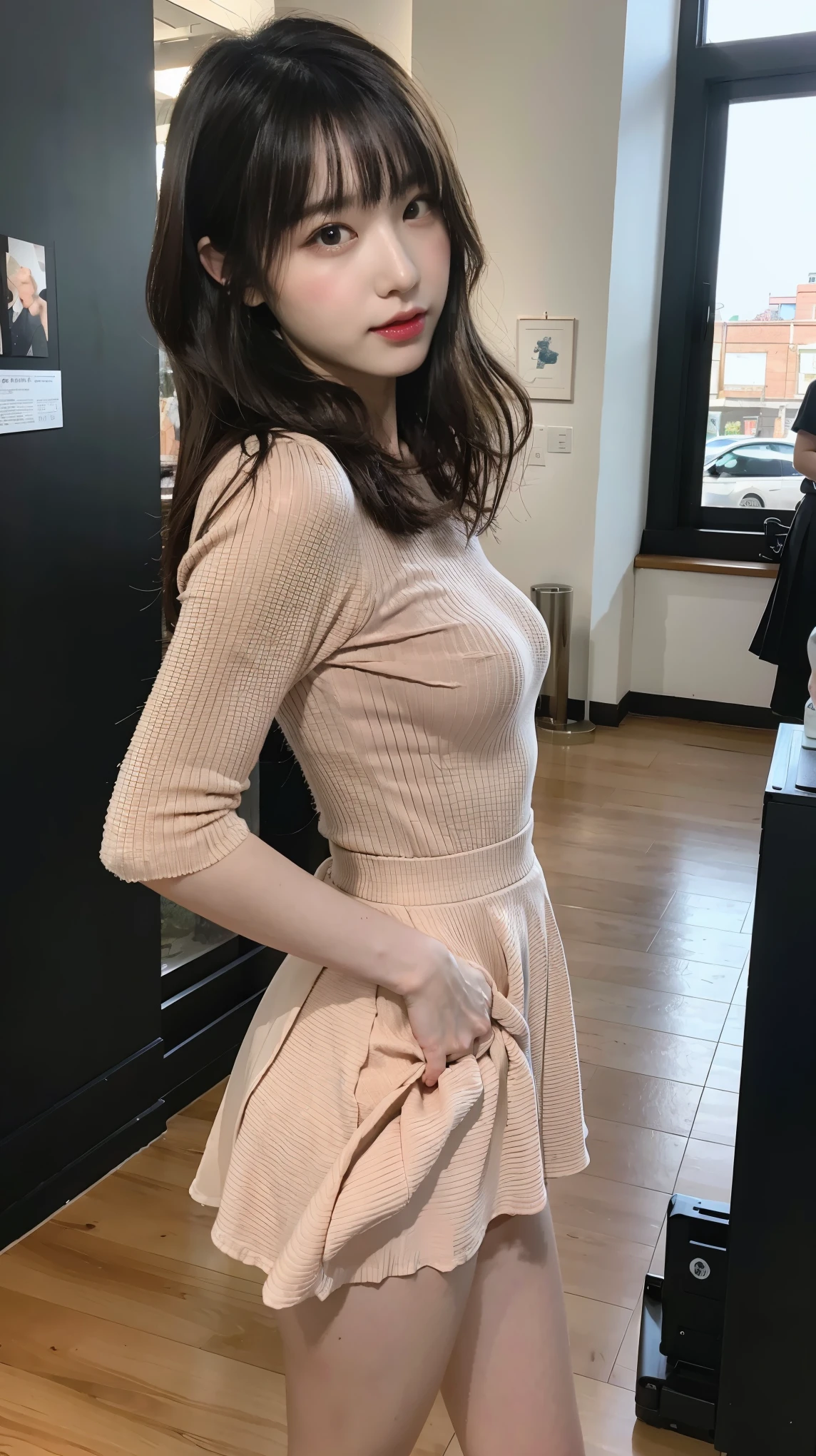 Very detailed CG ユニティ 8k 壁紙, Highest quality, Very detailed, masterpiece, Realistic, photo Realistic, Very detailedかわいい, 20-year-old, (((Skirt Lift by myself))), (Skirt Lift), panties , panties focus, blush, Lips parted, View your viewers , Half Body Shot , (crowd), (crowded museum) , Curl your hair outwards