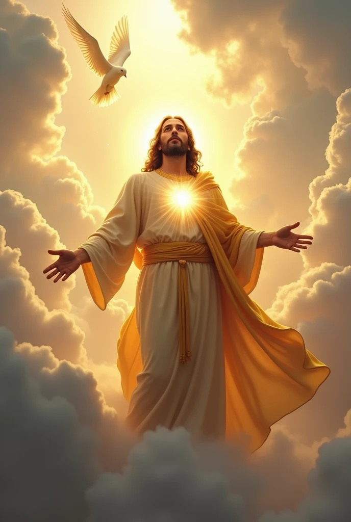 (photorealism:1.2), handsome Jesus Christ, depicting a figure of handsome Jesus Christ ascending to heaven that full of clouds and sorrounded of light at the center, wearing the gold of the king clothes with light in his head and heart spreading all over, perfect five finger, handsome hair, outdoors, soft lighting, clouds and dove in the background, beautiful sunlight, paradise of clouds, relaxed pose, realistic, intricate details, bright colors,